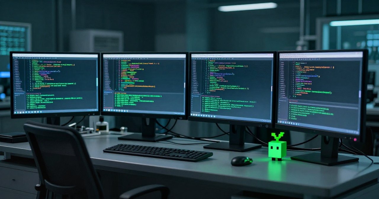 Quatro monitores numa sala escura mostrando código JavaScript e registros de texto, representando os agentes de IA jogando Minecraft pelo Mineflayer