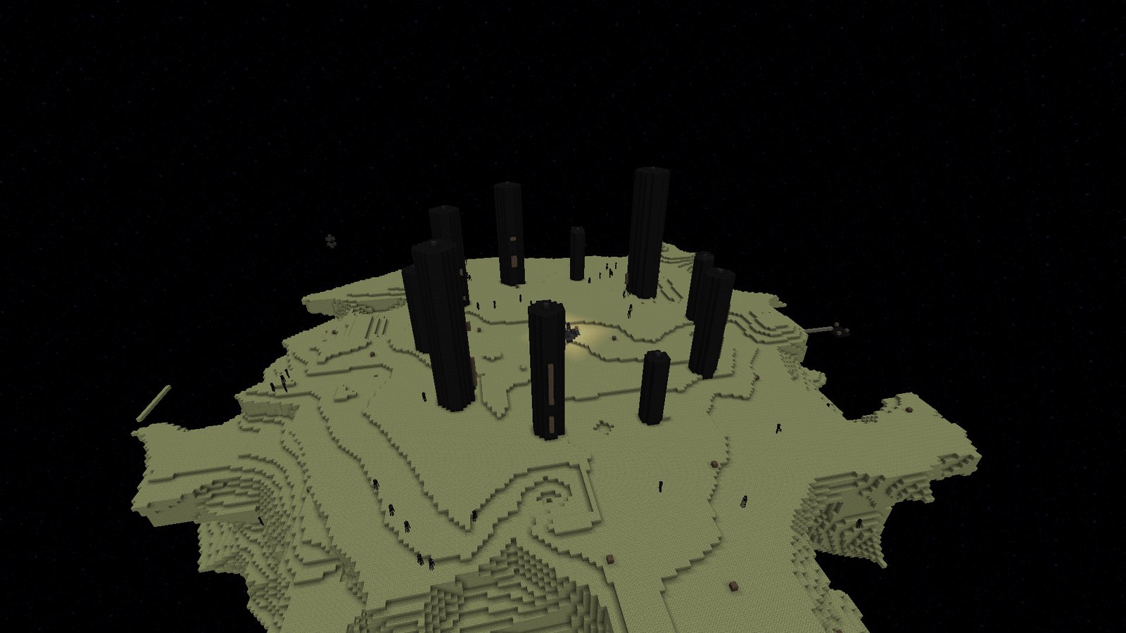 Ilha do End no Minecraft com as torres de obsidiana onde ficavam os cristais que curavam o Ender Dragon, no mundo em que os agentes de IA jogaram