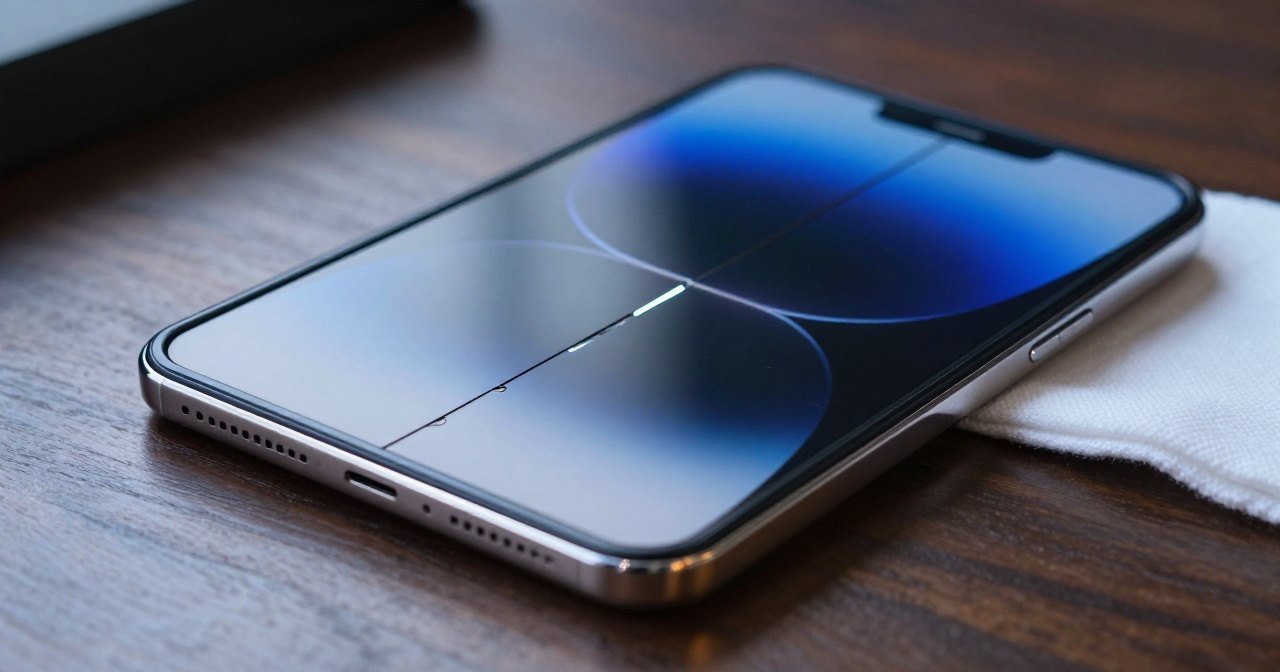 Tela interna de celular dobrável com rachadura ao longo da dobra e linha de pixels