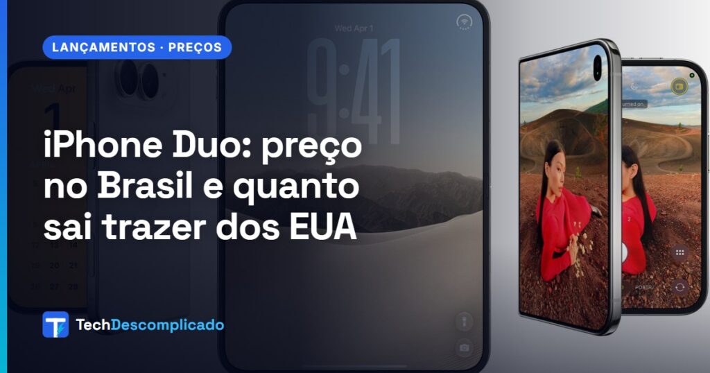 Três iPhone Duo, um fechado e dois abertos, em foto oficial de divulgação (imagem: Apple)