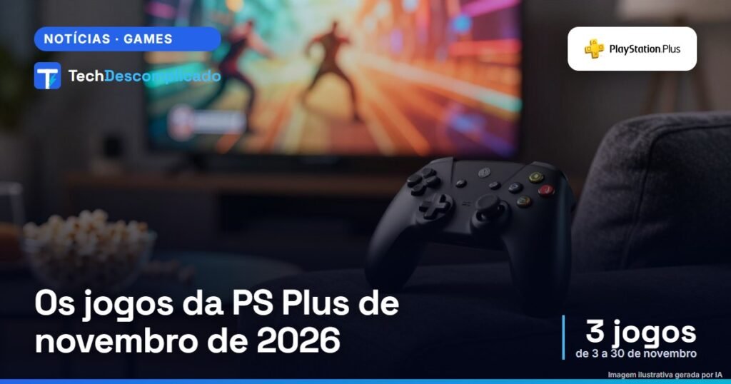 Controle de videogame preto no braço de um sofá com a TV acesa ao fundo numa sala à noite (imagem ilustrativa gerada por IA)