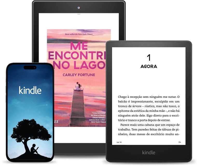 Kindle, tablet e celular mostrando o aplicativo Kindle, ilustrando que o Kindle+ funciona sem precisar de um leitor Kindle