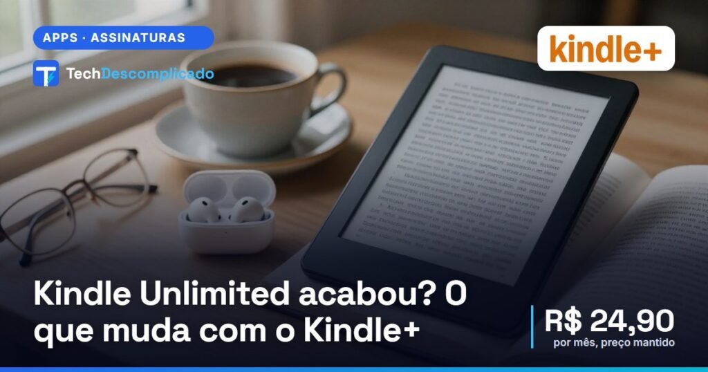 Leitor de e-book sobre um livro aberto ao lado de fones sem fio e uma xícara de café (imagem ilustrativa gerada por IA)