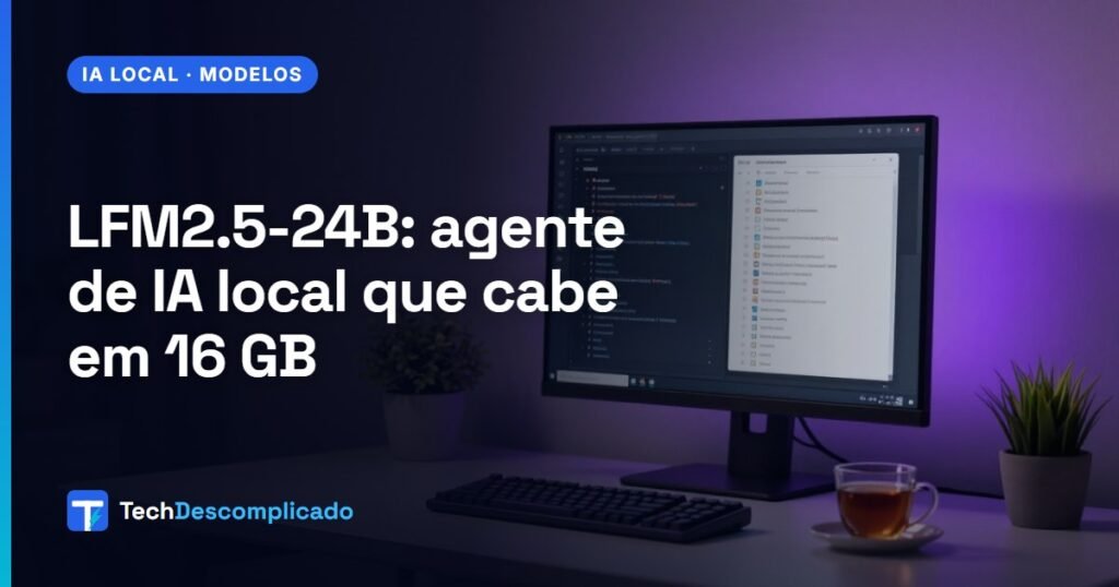 Escritório em casa à noite com monitor mostrando um terminal de agente de IA e pastas, sob luz lilás (imagem ilustrativa gerada por IA)