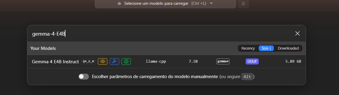 Seletor de modelos do LM Studio mostrando o Gemma 4 E4B Instruct pronto para carregar