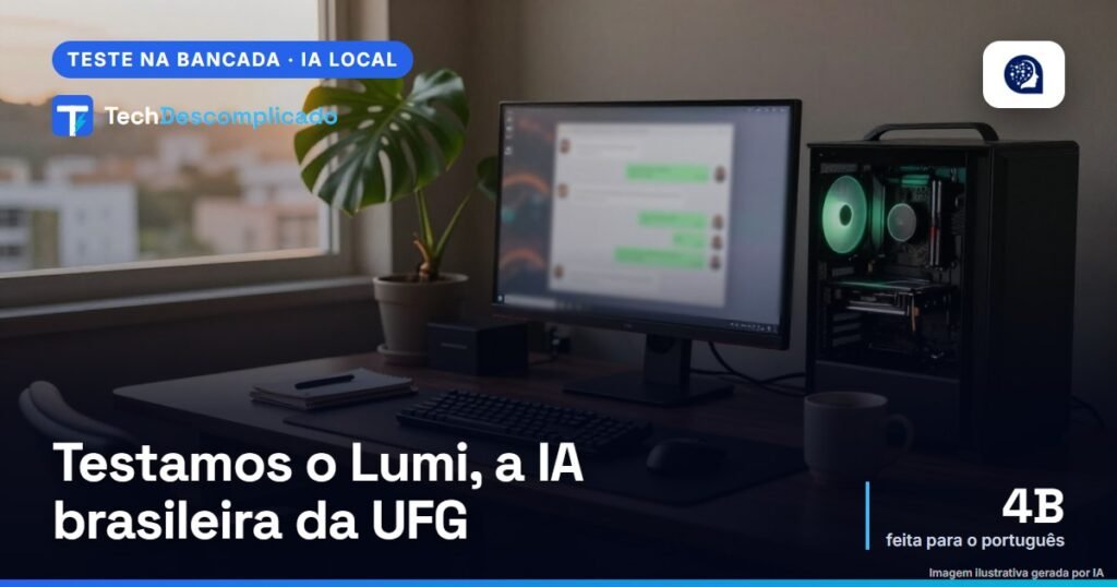 Mesa de escritório em casa com monitor mostrando uma conversa com IA, teclado, mouse e um PC de gabinete de vidro ao fundo, com a cidade na janela (imagem ilustrativa gerada por IA)