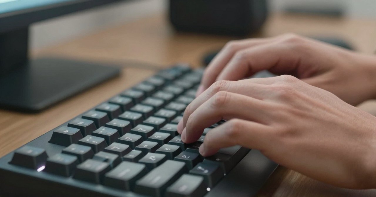 Ilustração de mãos digitando em um teclado, com o monitor desfocado ao fundo