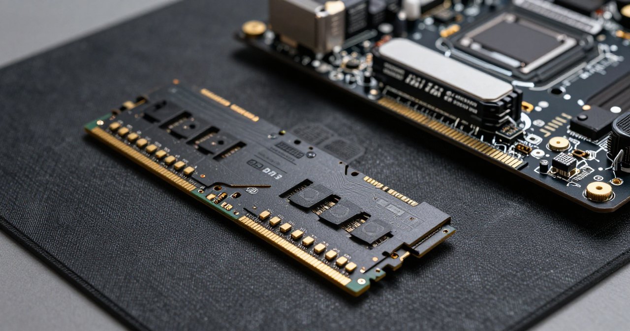 Ilustração de um pente de memória RAM DDR5 sobre um tapete antiestático, ao lado de uma placa-mãe