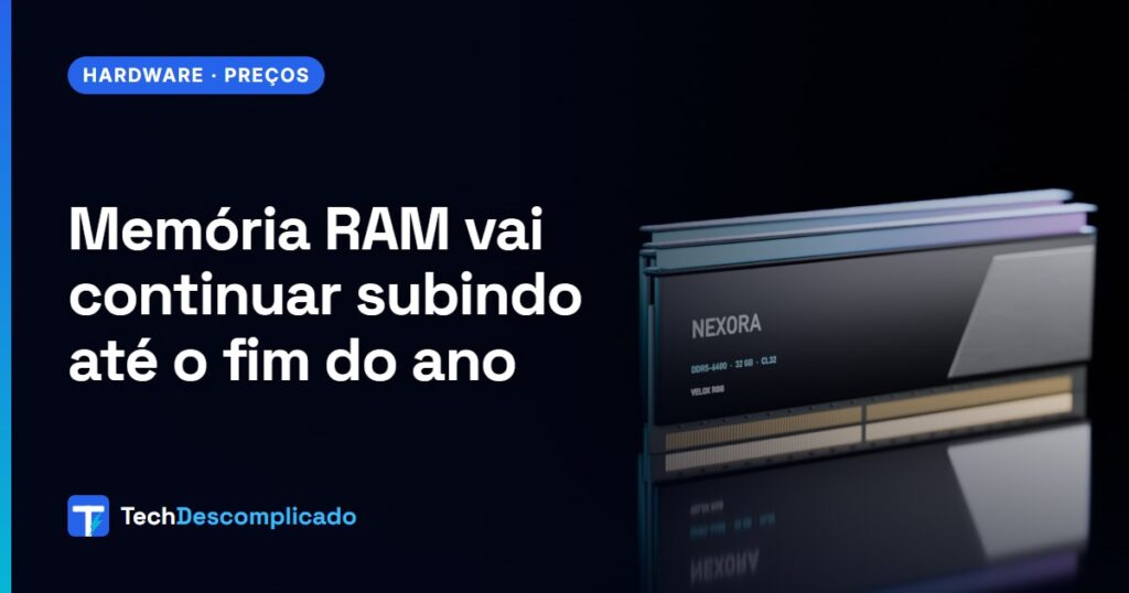 Kit de dois pentes de memória DDR5 com dissipador preto e barra de luz RGB sobre fundo escuro