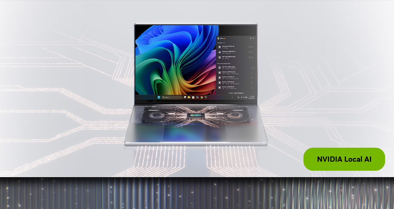 Notebook com RTX Spark mostrando um aplicativo de IA local com a lista de modelos, sobre fundo com trilhas de circuito