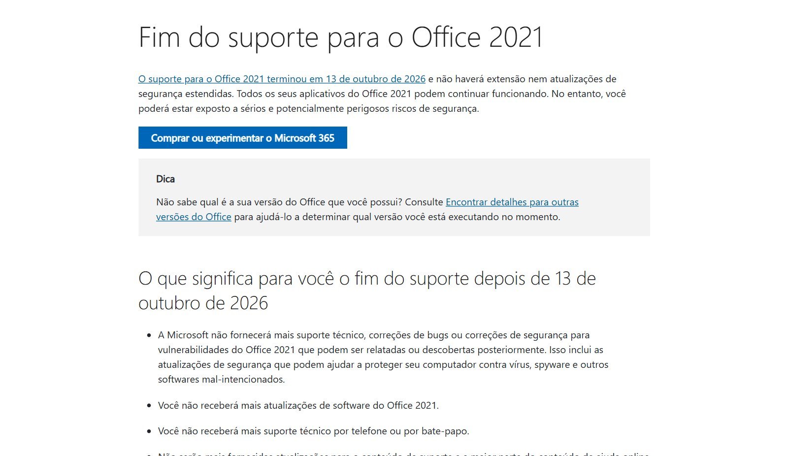 Página de suporte da Microsoft informando o fim do suporte do Office 2021 em 13 de outubro de 2026