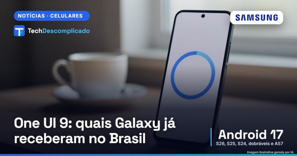 Celular Android num suporte sobre uma mesa de madeira clara, com um anel de progresso azul de atualização na tela (imagem ilustrativa gerada por IA)
