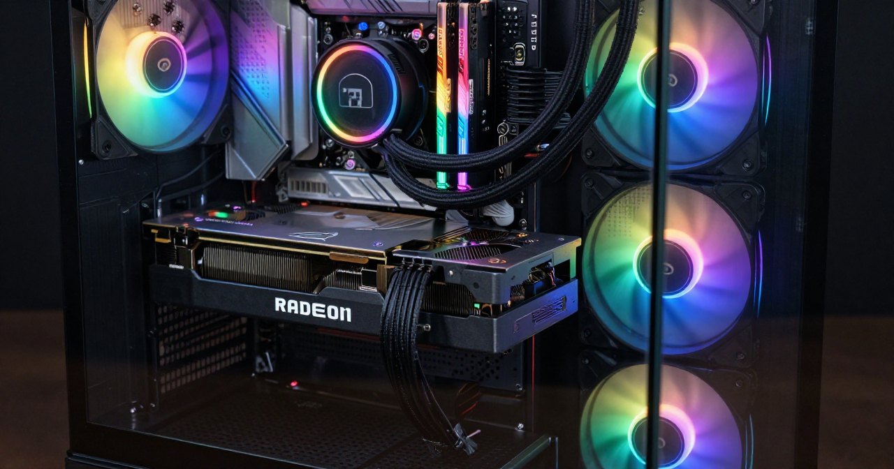 Interior de um PC de gabinete aquário visto pelo vidro: uma placa de vídeo Radeon montada na horizontal, vista de lado, com a palavra RADEON na borda, o bloco redondo da refrigeração líquida com anel RGB, memórias RAM com luz e ventoinhas coloridas.
