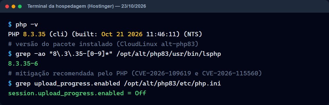 Terminal da hospedagem mostrando a conferência da falha no PHP: versão 8.3.35, pacote 8.3.35-6 compilado em 21/10/2026 e session.upload_progress.enabled desligado