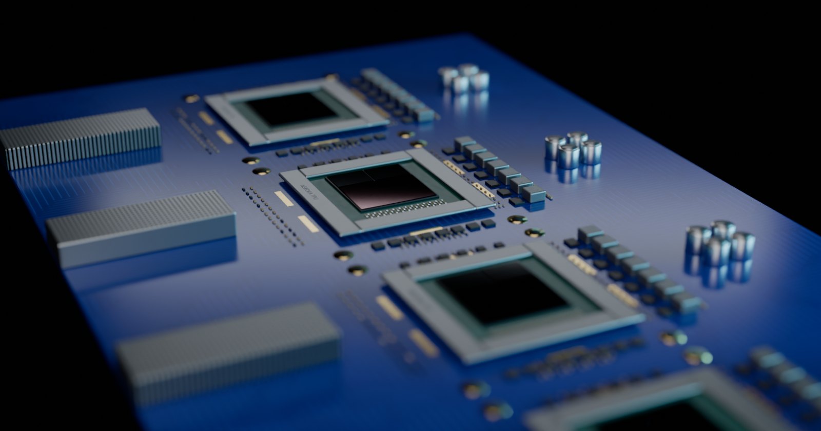 Placa com quatro aceleradores de IA em fila, cada um com o chip de processamento e duas memórias HBM, no estilo da TPU Trillium