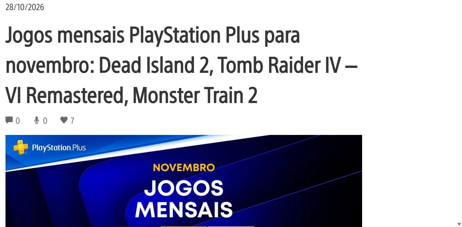 Anúncio oficial dos jogos da PS Plus de novembro de 2026 no PlayStation Blog Brasil