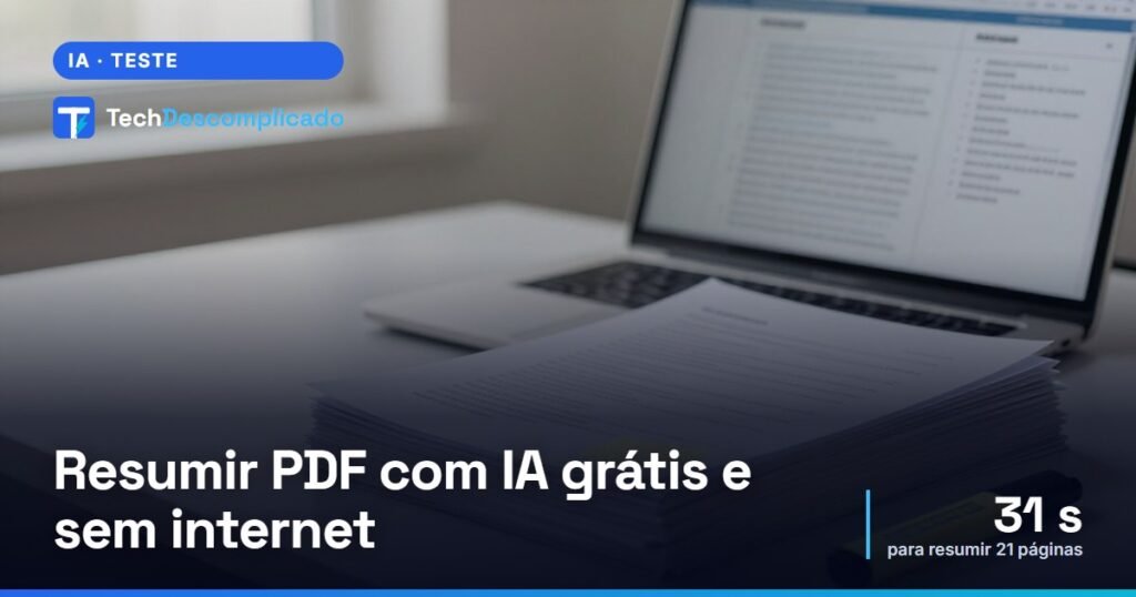 Pilha de documentos impressos com marca-texto ao lado de um notebook com um resumo na tela (imagem ilustrativa gerada por IA)