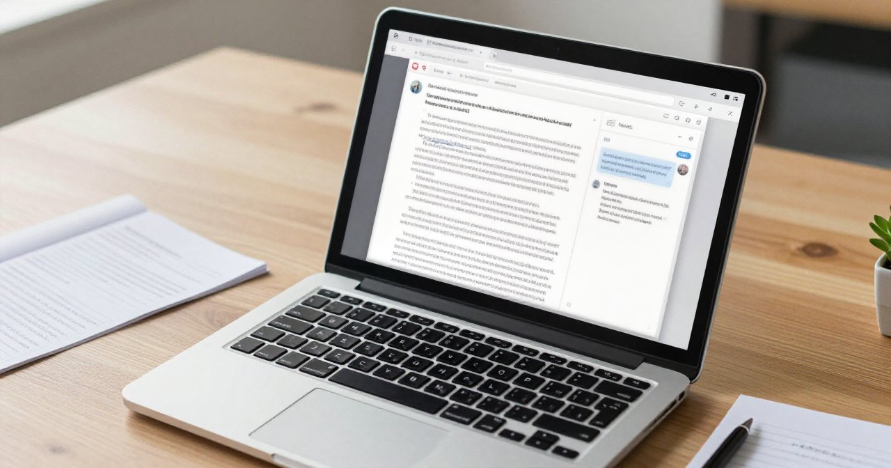 Notebook numa mesa de escritório com um documento PDF aberto ao lado de um resumo, ao lado de papéis impressos