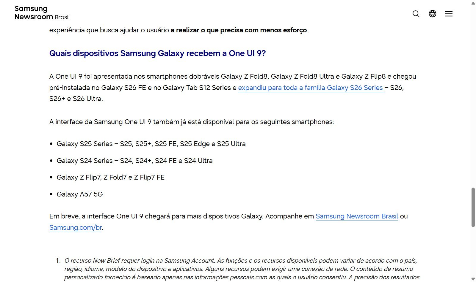 Comunicado da Samsung Newsroom Brasil com a lista de celulares Galaxy que já receberam a One UI 9