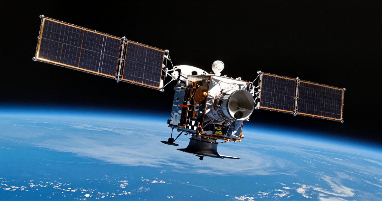 Ilustração de um satélite de comunicações em órbita baixa sobre a Terra