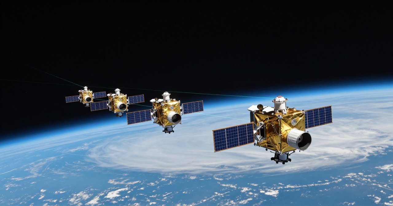 Satélites com painéis solares voando em formação sobre a Terra, ligados por feixes finos de luz