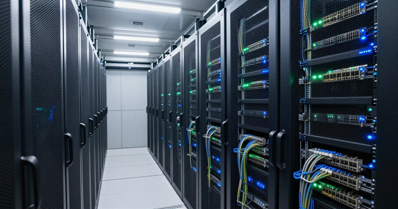 Sala de servidores com racks iluminados, representando os servidores de uma CDN espalhados pelo mundo