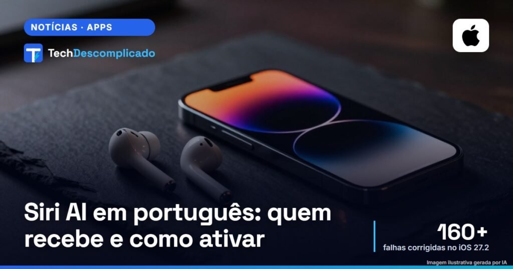 iPhone sobre uma mesa escura ao lado de fones sem fio, com a tela acesa em tons de laranja e roxo (imagem ilustrativa gerada por IA)
