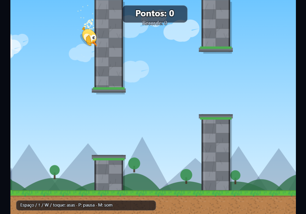 Captura de tela do jogo VOO LIVRE escrito pela versão de 3 bits: um passarinho amarelo voando entre colunas de pedra, com o aviso Caindo na tela.