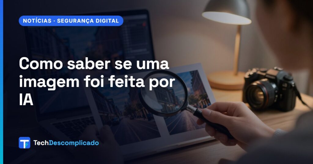 Pessoa comparando duas fotos impressas de uma rua com uma lupa, com um notebook ao fundo