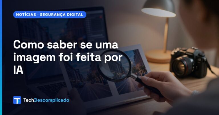 Pessoa comparando duas fotos impressas de uma rua com uma lupa, com um notebook ao fundo