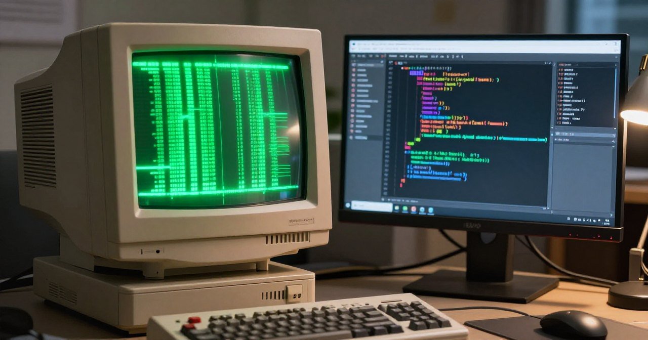Terminal antigo de tela verde com código COBOL ao lado de um monitor moderno com editor de código colorido