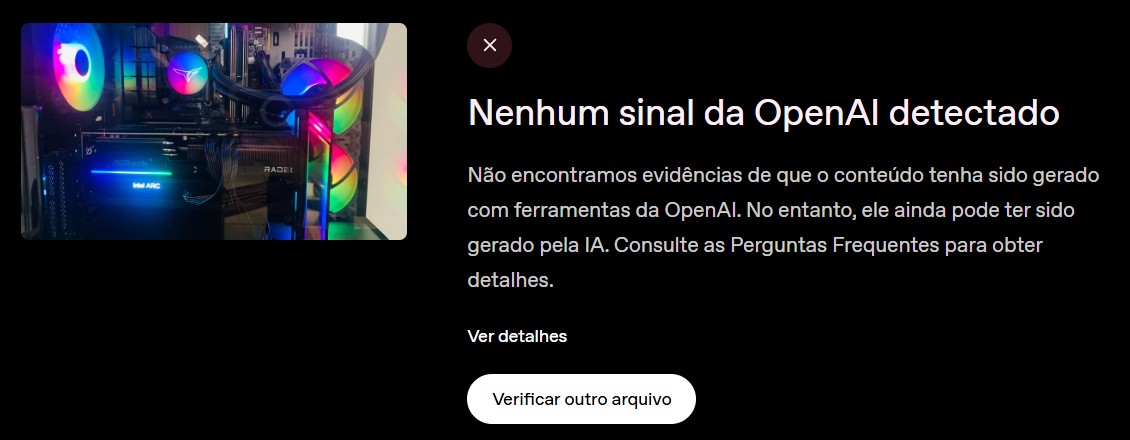 Resultado do verificador da OpenAI para uma foto real de um computador: nenhum sinal da OpenAI detectado
