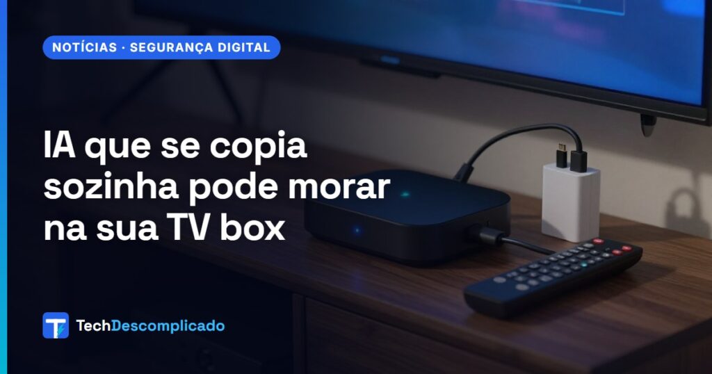 TV box Android genérica num rack de TV, com LED azul aceso (imagem ilustrativa gerada por IA)