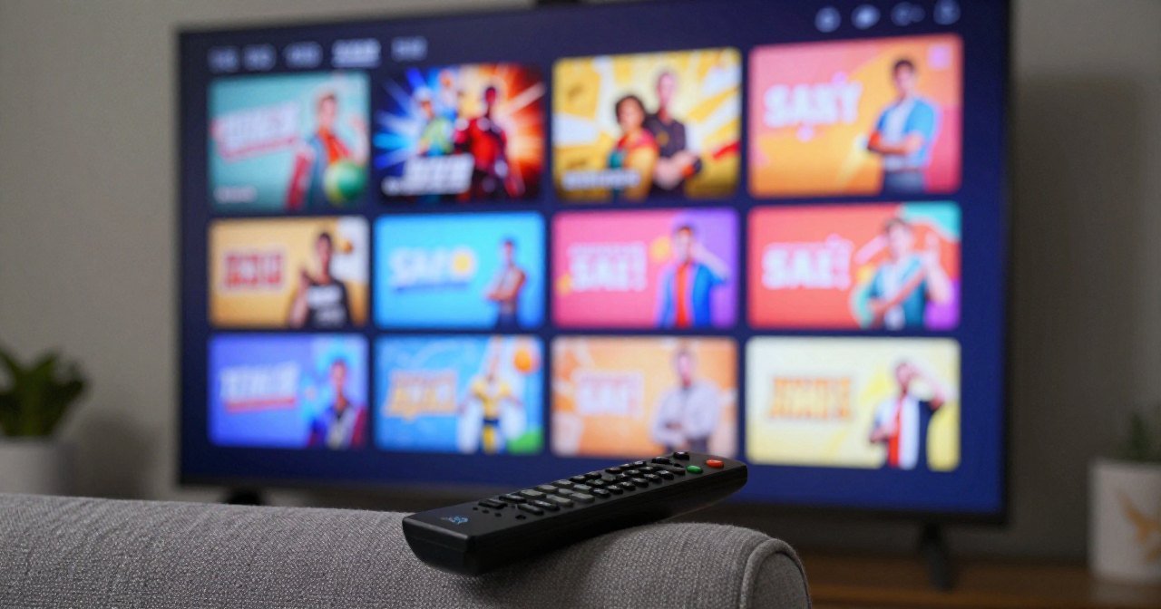 Tela inicial de smart TV lotada de banners e anúncios coloridos, com controle remoto no sofá