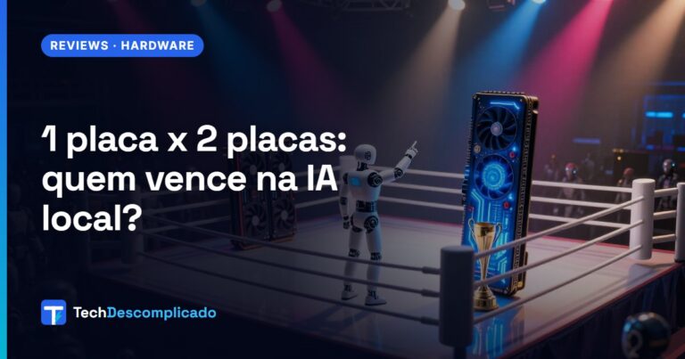 Ringue com plateia de robôs: o robô juiz aponta para a placa de vídeo azul com troféu, vencedora contra duas placas vermelhas (imagem ilustrativa gerada por IA)