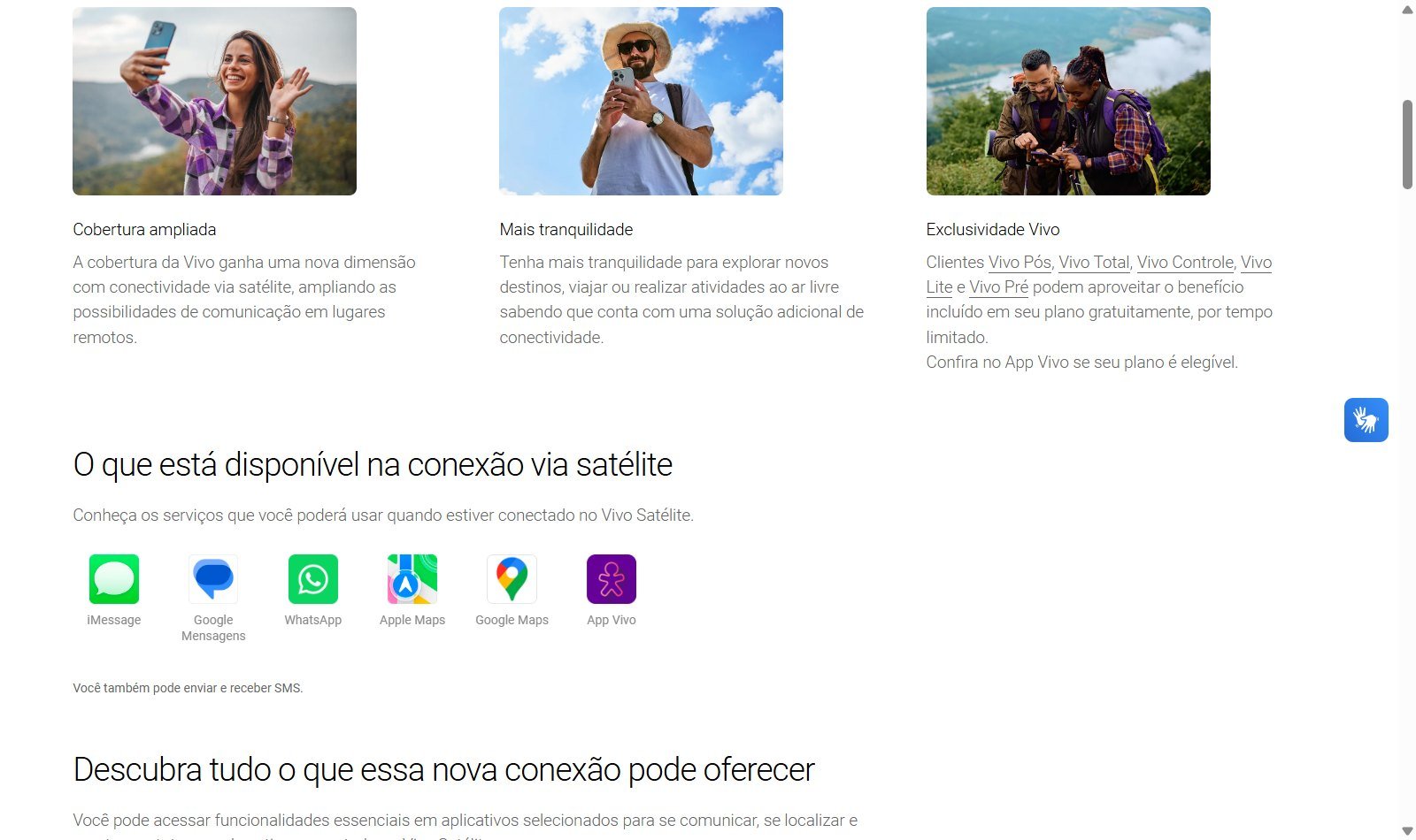 Página oficial do Vivo Satélite com os aplicativos que funcionam pela conexão via satélite