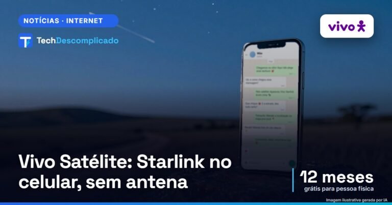 Celular em pé sobre uma pedra numa estrada de terra no campo ao anoitecer, com uma conversa na tela e rastro de satélite no céu (imagem ilustrativa gerada por IA)