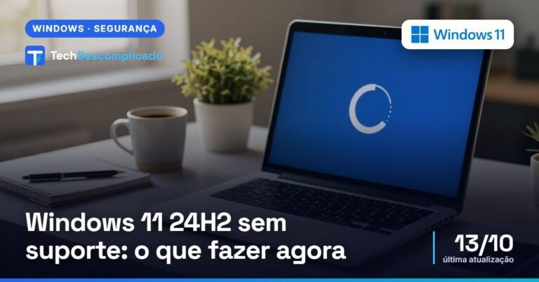 Notebook numa mesa de escritório mostrando a tela azul de atualização com o anel de progresso (imagem ilustrativa gerada por IA)