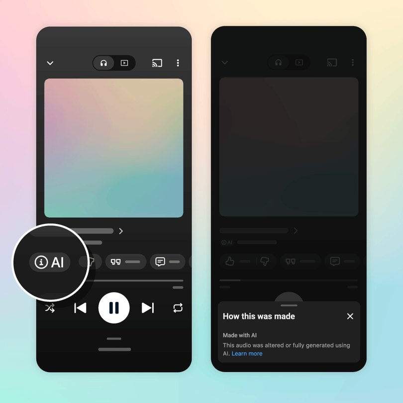 Duas telas do YouTube Music: o rótulo AI no player e o menu How this was made, que informa que o áudio foi alterado ou gerado com IA